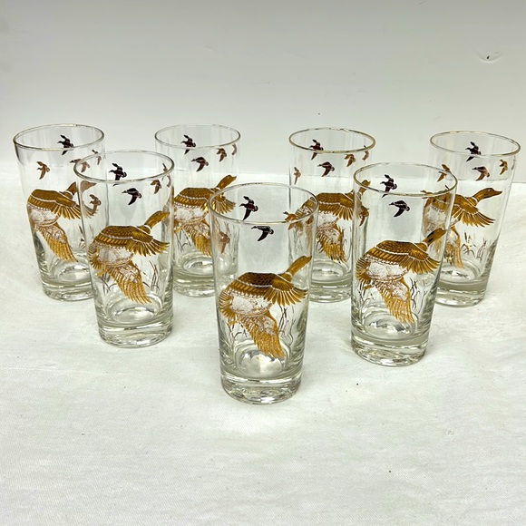 - Mid Century Modern set of 7  5.5” H glasses with Canadian Geese - Picture 1 of 8